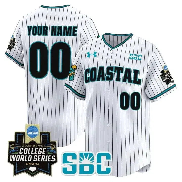 Personalized Coastal Carolina Chanticleers 2026 World Series Vapor Premier Limited Custom Jersey - Stitched - Pinstripe Stitched