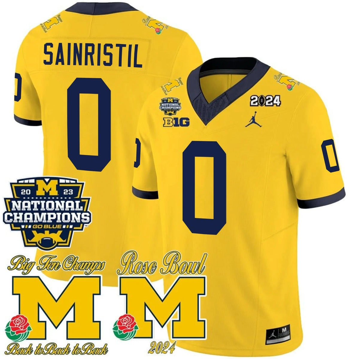 Personalized MW 2023 National Champions & Rose Bowl Patch Vapor Jersey - Maize / Mike Sainristil Stitched