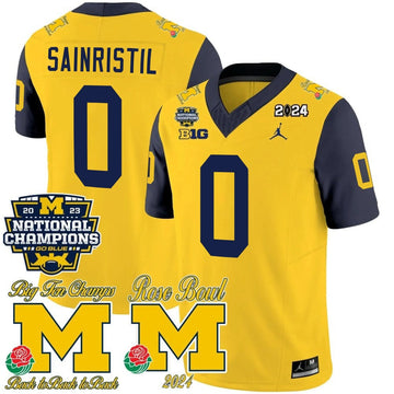 Personalized MW 2023 National Champions & Rose Bowl Patch Vapor Jersey - Navy Sleeves / Mike Sainristil Stitched