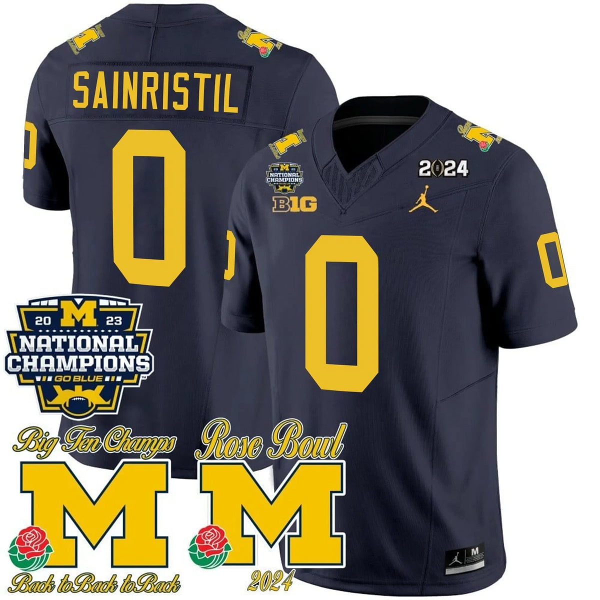 Personalized MW 2023 National Champions & Rose Bowl Patch Vapor Jersey - Navy / Mike Sainristil Stitched