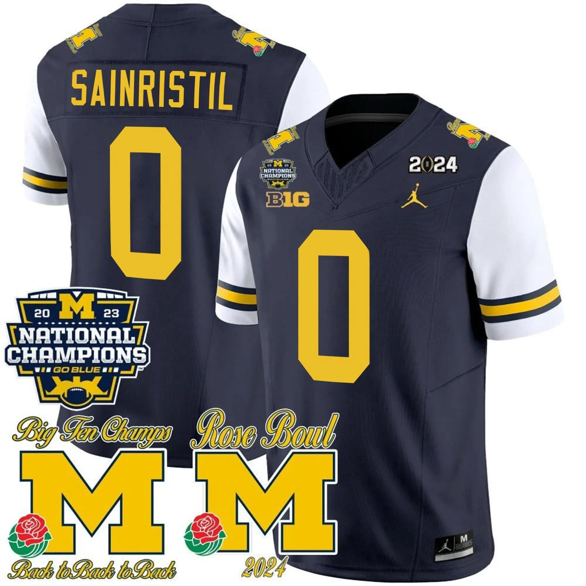 Personalized MW 2023 National Champions & Rose Bowl Patch Vapor Jersey - White Sleeves / Mike Sainristil Stitched