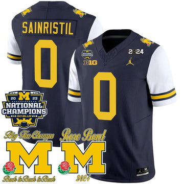Personalized MW 2023 National Champions & Rose Bowl Patch Vapor Jersey - White Sleeves / Mike Sainristil Stitched
