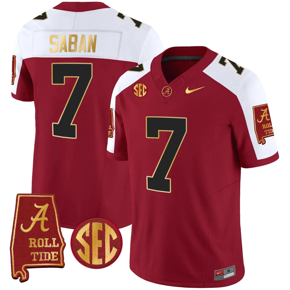 Personalized Nick Saban ACT #7 Champions Gold Trim Vapor Jersey - Crimson Alternate Stitched