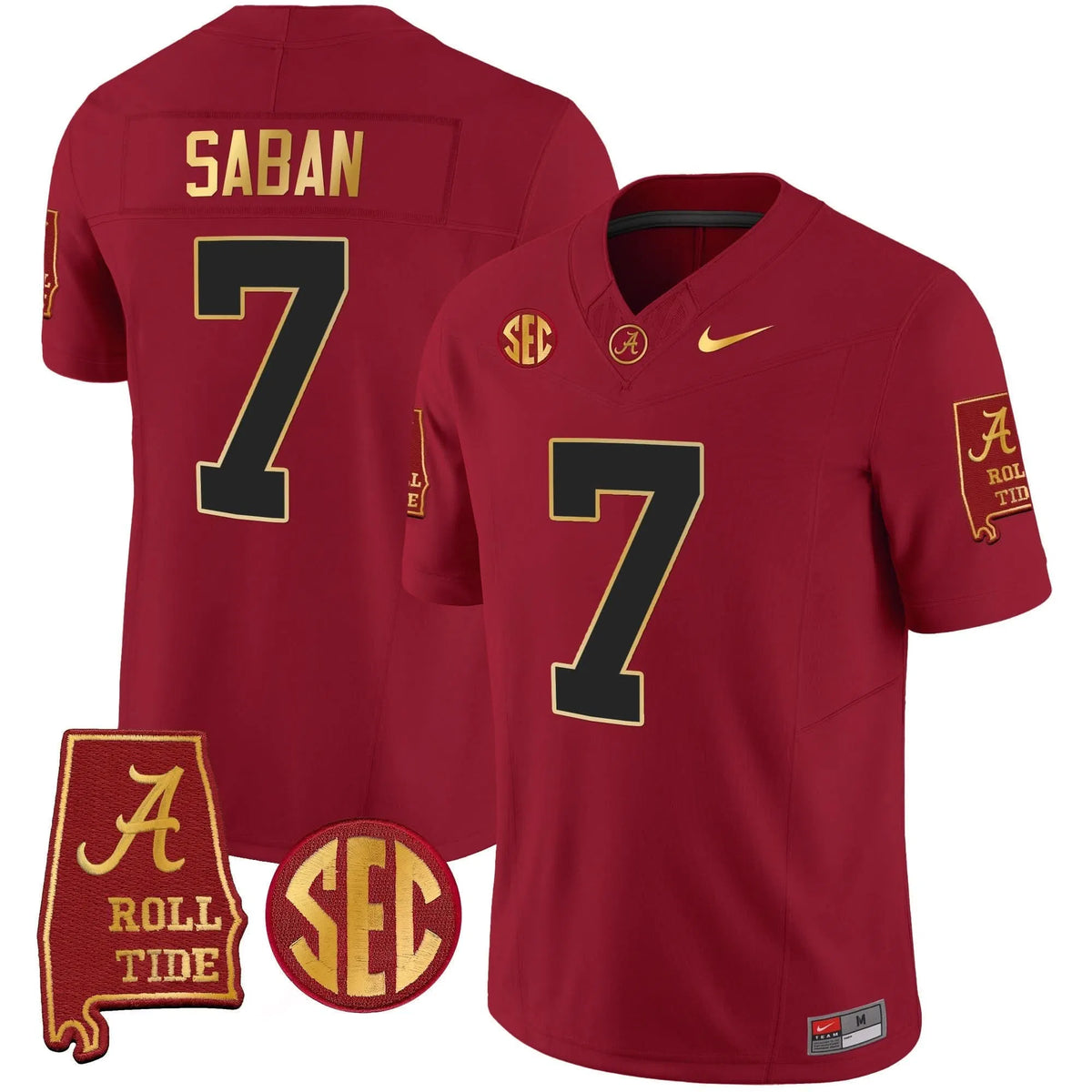 Personalized Nick Saban ACT #7 Champions Gold Trim Vapor Jersey - Crimson Stitched