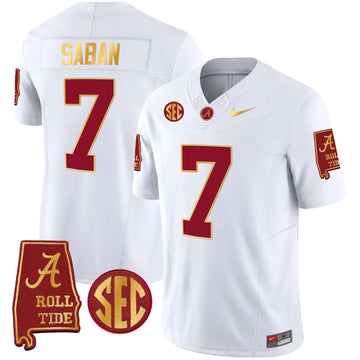 Personalized Nick Saban ACT #7 Champions Gold Trim Vapor Jersey - White Stitched
