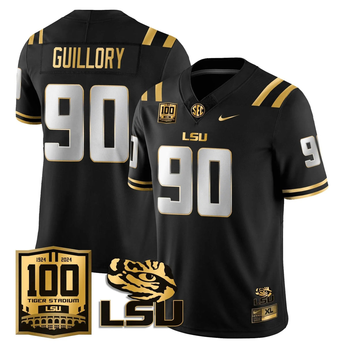 Personalized LSU Football 2026 Vapor Jersey - 100th Tigers Stadium - Jacobian Guillory - 90 / Black Gold Stitched