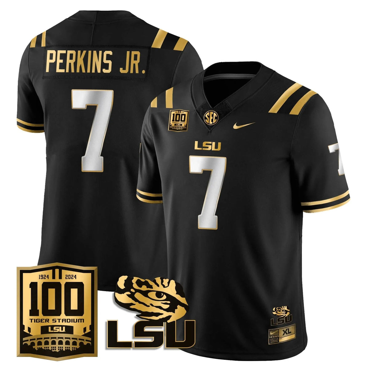 Personalized LSU Football 2026 Vapor Jersey - 100th Tigers Stadium - Harold Perkins Jr. - 7 / Black Gold Stitched