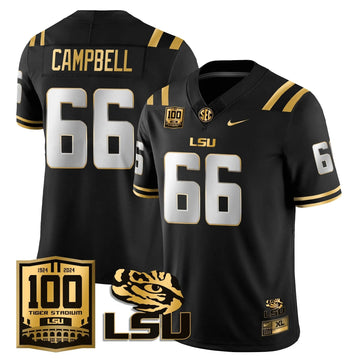 Personalized LSU Football 2026 Vapor Jersey - 100th Tigers Stadium - Will Campbell - 66 / Black Gold Stitched