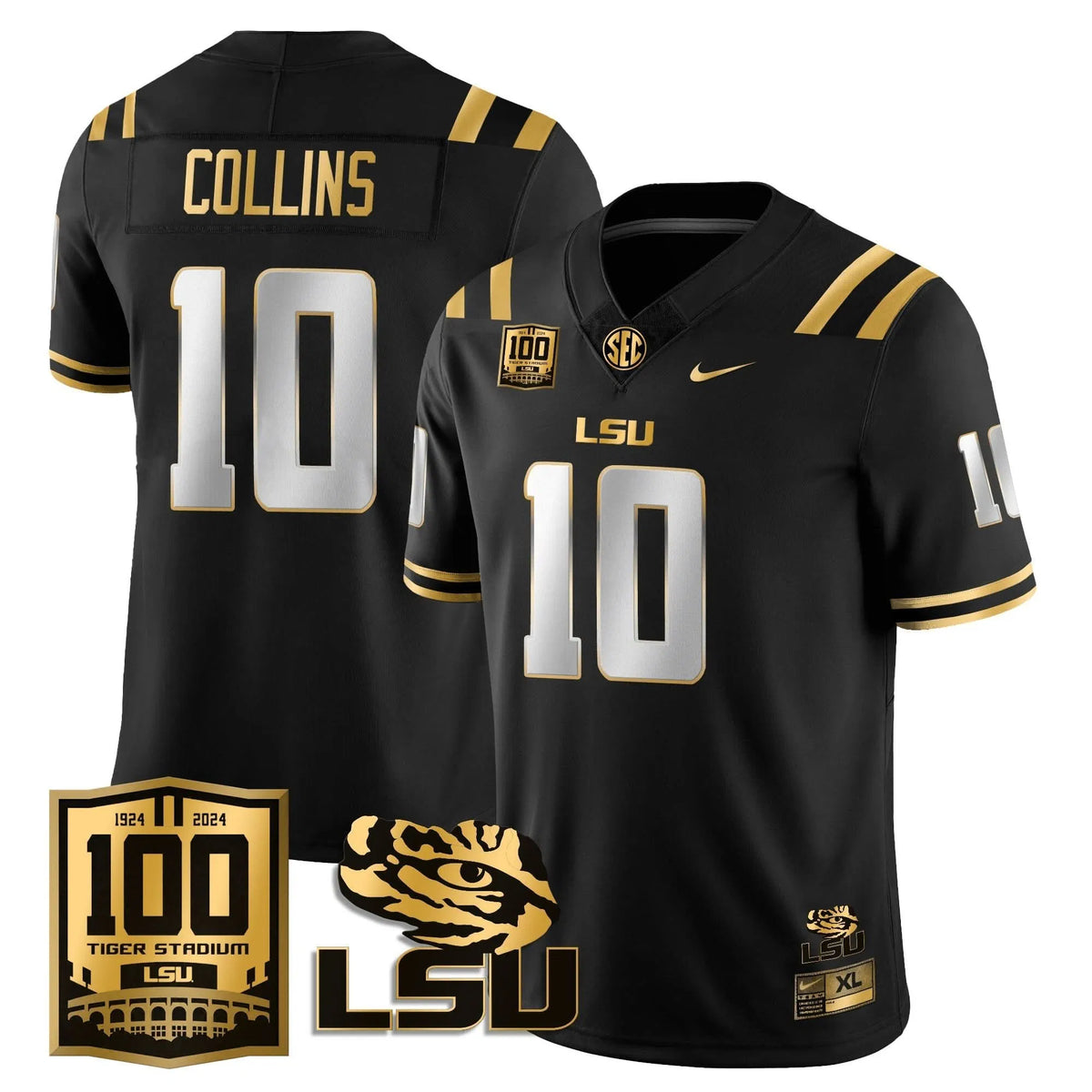Personalized LSU Football 2026 Vapor Jersey - 100th Tigers Stadium - Rickie Collins - 10 / Black Gold Stitched