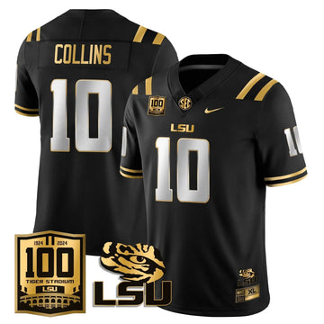 Personalized LSU Football 2026 Vapor Jersey - 100th Tigers Stadium - Rickie Collins - 10 / Black Gold Stitched