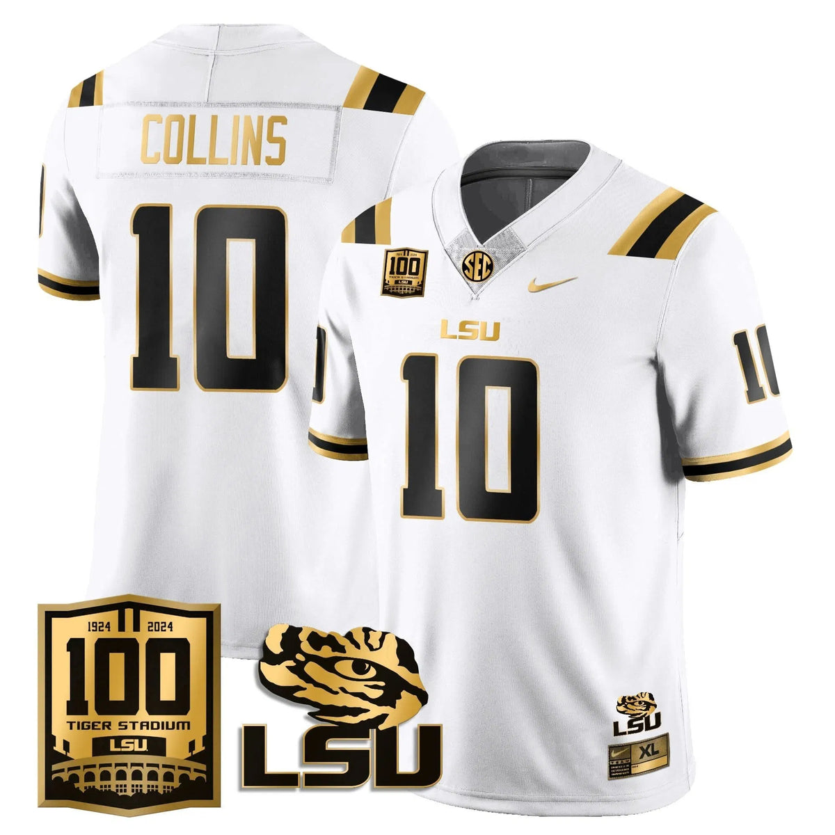 Personalized LSU Football 2026 Vapor Jersey - 100th Tigers Stadium - Rickie Collins - 10 / White Gold Stitched