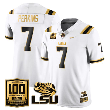 Personalized LSU Football 2026 Vapor Jersey - 100th Tigers Stadium - Harold Perkins - 7 / White Gold Stitched