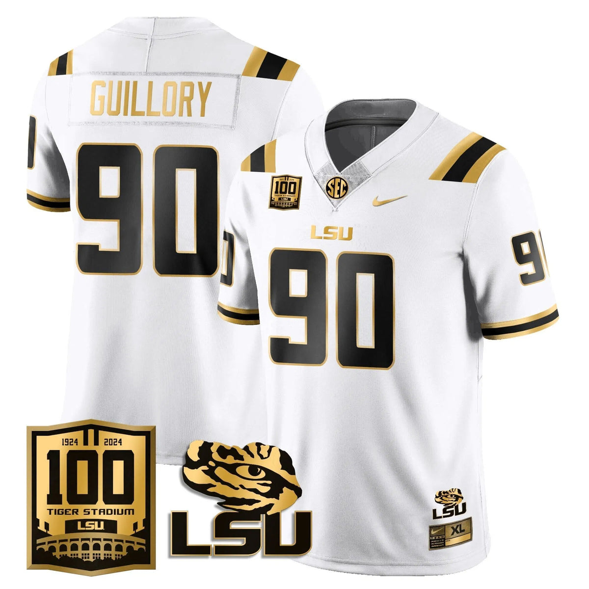 Personalized LSU Football 2026 Vapor Jersey - 100th Tigers Stadium - Jacobian Guillory - 90 / White Gold Stitched