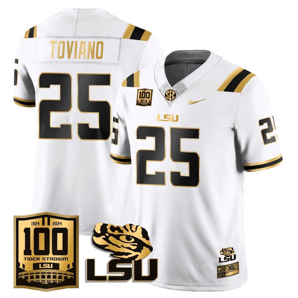 Personalized LSU Football 2026 Vapor Jersey - 100th Tigers Stadium - Javien Toviano - 25 / White Gold Stitched