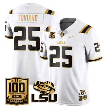 Personalized LSU Football 2026 Vapor Jersey - 100th Tigers Stadium - Javien Toviano - 25 / White Gold Stitched