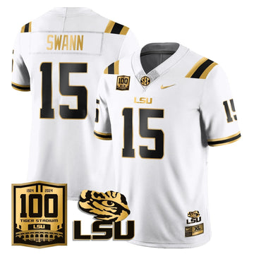 Personalized LSU Football 2026 Vapor Jersey - 100th Tigers Stadium - AJ Swann - 15 / White Gold Stitched