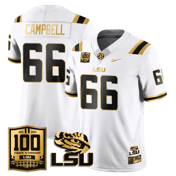 Personalized LSU Football 2026 Vapor Jersey - 100th Tigers Stadium - Will Campbell - 66 / White Gold Stitched