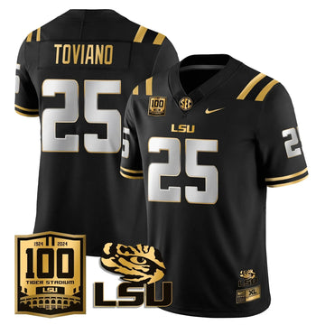 Personalized LSU Football 2026 Vapor Jersey - 100th Tigers Stadium - Javien Toviano - 25 / Black Gold Stitched
