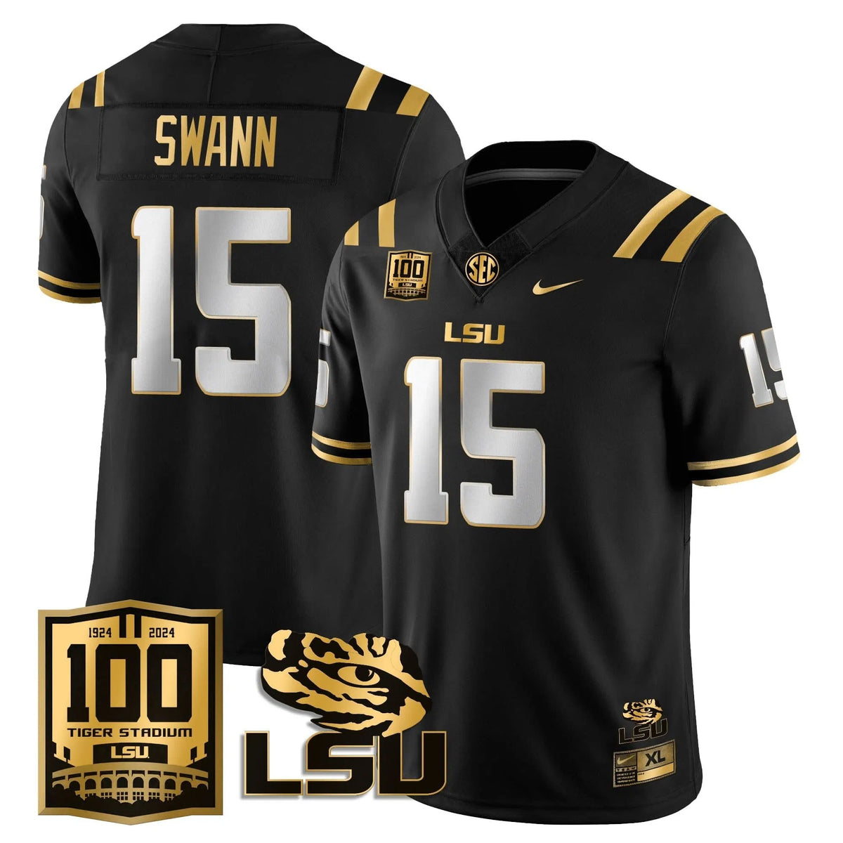 Personalized LSU Football 2026 Vapor Jersey - 100th Tigers Stadium - AJ Swann - 15 / Black Gold Stitched