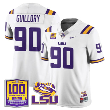 Personalized LSU Football 2026 Vapor Jersey - 100th Tigers Stadium - Jacobian Guillory - 90 / White Stitched