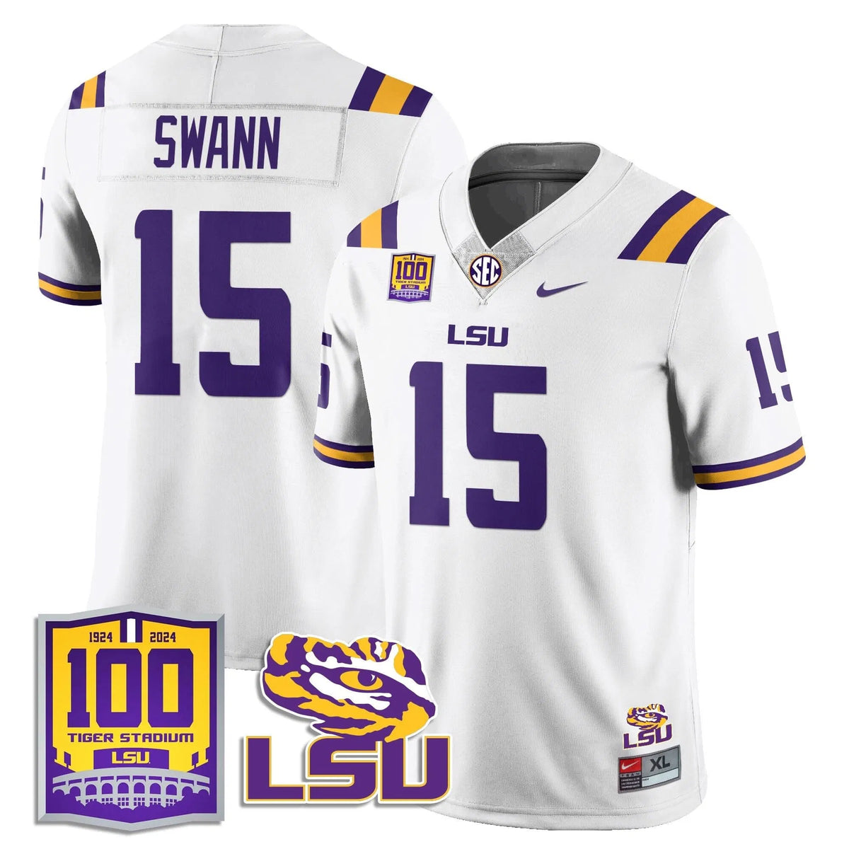 Personalized LSU Football 2026 Vapor Jersey - 100th Tigers Stadium - AJ Swann - 15 / White Stitched