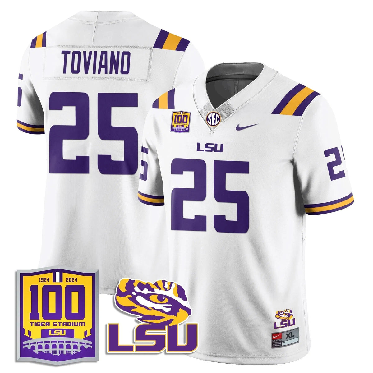 Personalized LSU Football 2026 Vapor Jersey - 100th Tigers Stadium - Javien Toviano - 25 / White Stitched