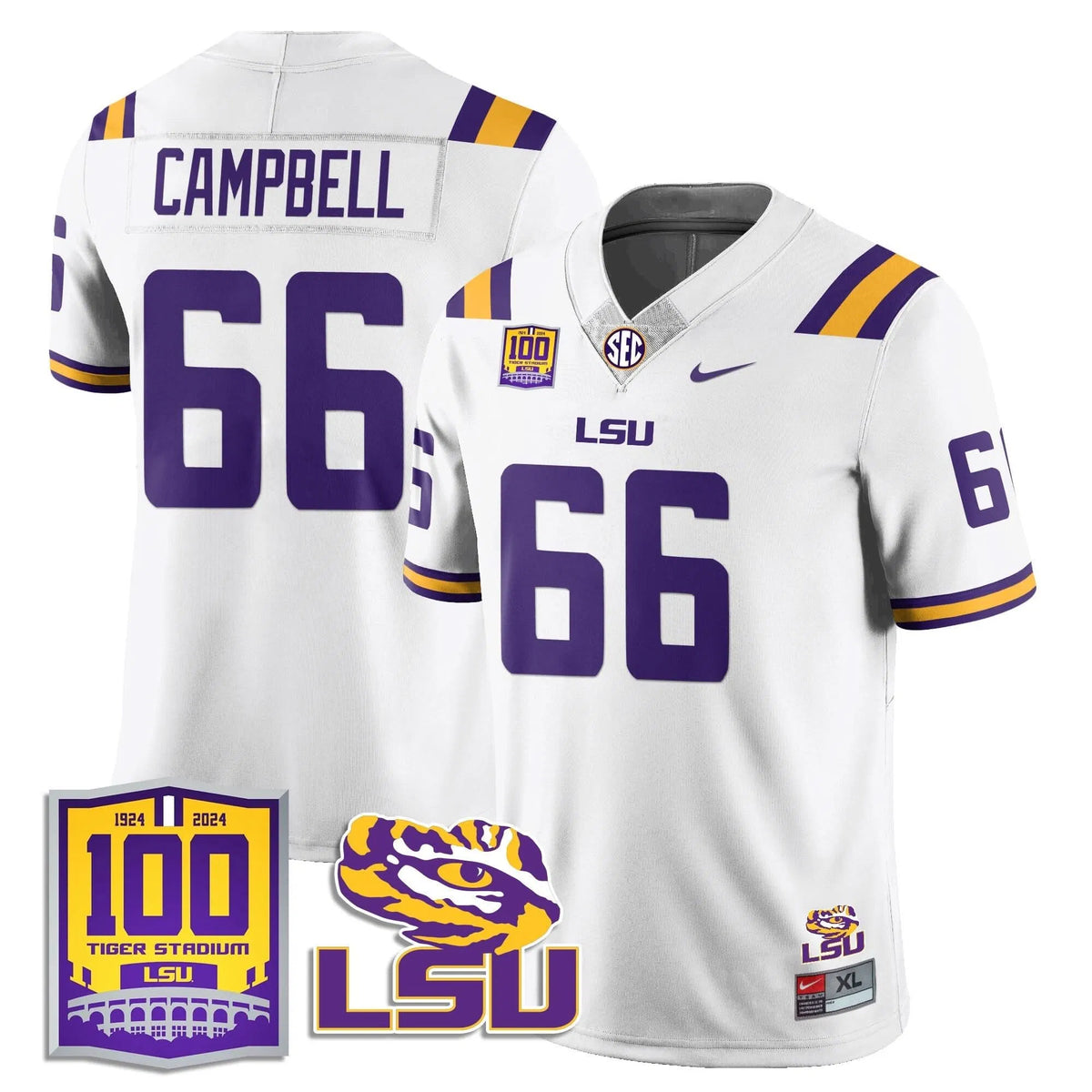 Personalized LSU Football 2026 Vapor Jersey - 100th Tigers Stadium - Will Campbell - 66 / White Stitched