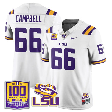 Personalized LSU Football 2026 Vapor Jersey - 100th Tigers Stadium - Will Campbell - 66 / White Stitched