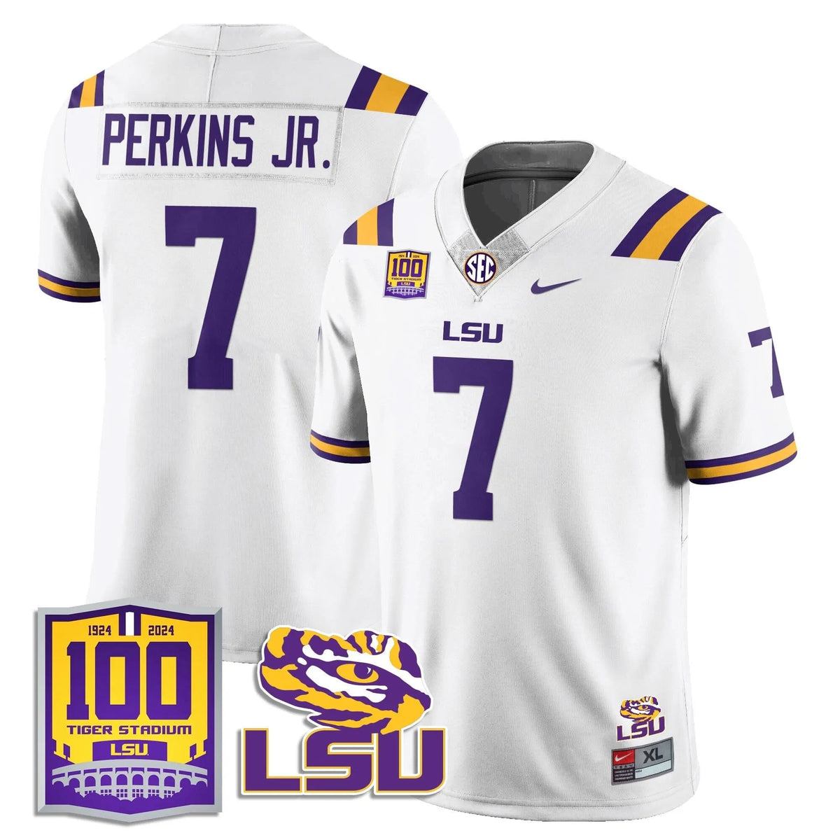 Personalized LSU Football 2026 Vapor Jersey - 100th Tigers Stadium - Harold Perkins Jr. - 7 / White Stitched