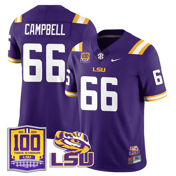 Personalized LSU Football 2026 Vapor Jersey - 100th Tigers Stadium - Will Campbell - 66 / Purple Stitched