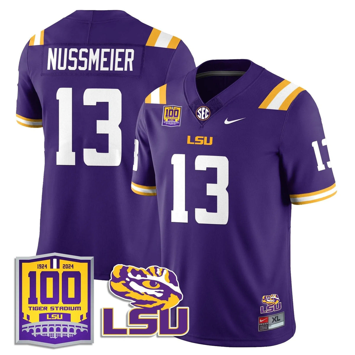 Personalized LSU Football 2026 Vapor Jersey - 100th Tigers Stadium - Garrett Nussmeier - 13 / Purple Stitched