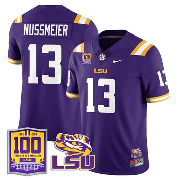Personalized LSU Football 2026 Vapor Jersey - 100th Tigers Stadium - Garrett Nussmeier - 13 / Purple Stitched