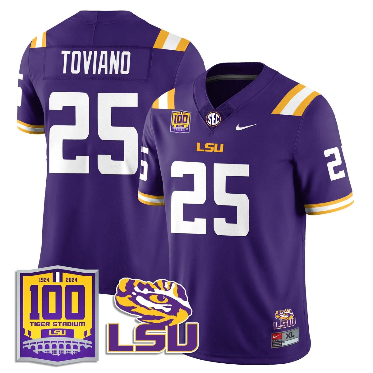 Personalized LSU Football 2026 Vapor Jersey - 100th Tigers Stadium - Javien Toviano - 25 / Purple Stitched