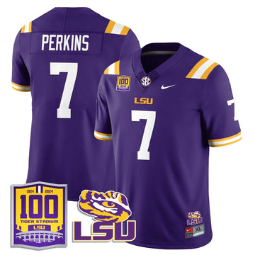 Personalized LSU Football 2026 Vapor Jersey - 100th Tigers Stadium - Harold Perkins - 7 / Purple Stitched