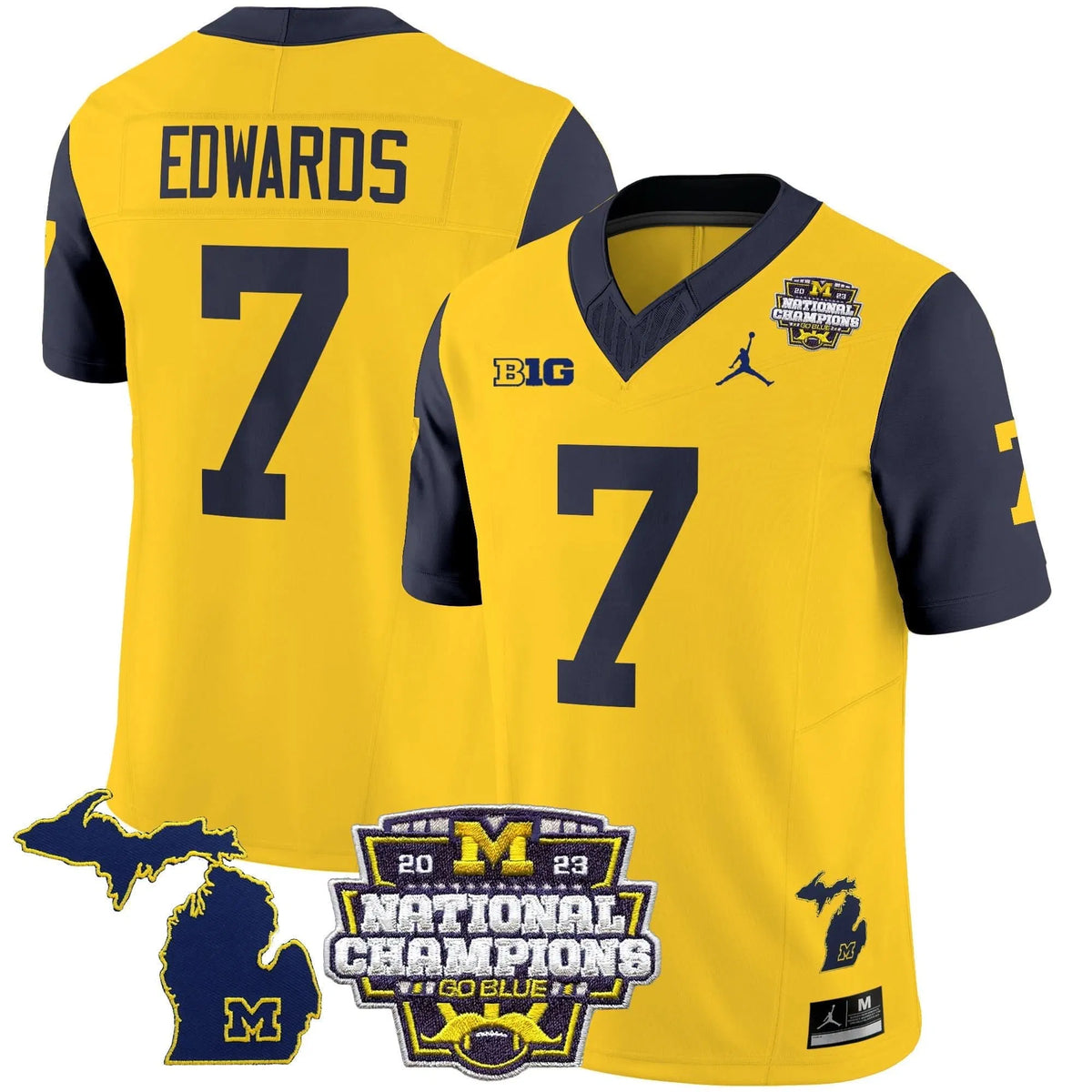 Personalized MW 2023 National Champions Patch Vapor Jersey V6 - Navy Sleeves / Donovan Edwards Stitched