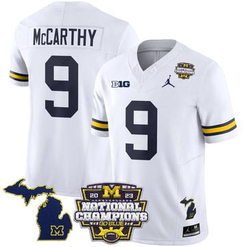 Personalized MW 2023 National Champions Patch Vapor Jersey V6 - White / J.J. McCarthy Stitched