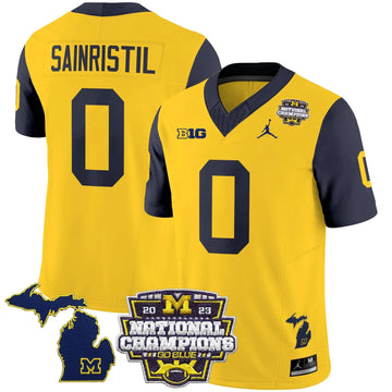Personalized MW 2023 National Champions Patch Vapor Jersey V6 - Navy Sleeves / Mike Sainristil Stitched