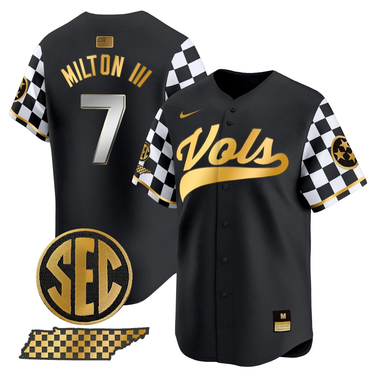 Personalized TV Checkerboard 2026 Vapor Premier Limited Baseball Jersey - Stitched - Black Gold / Joe Milton III Stitched