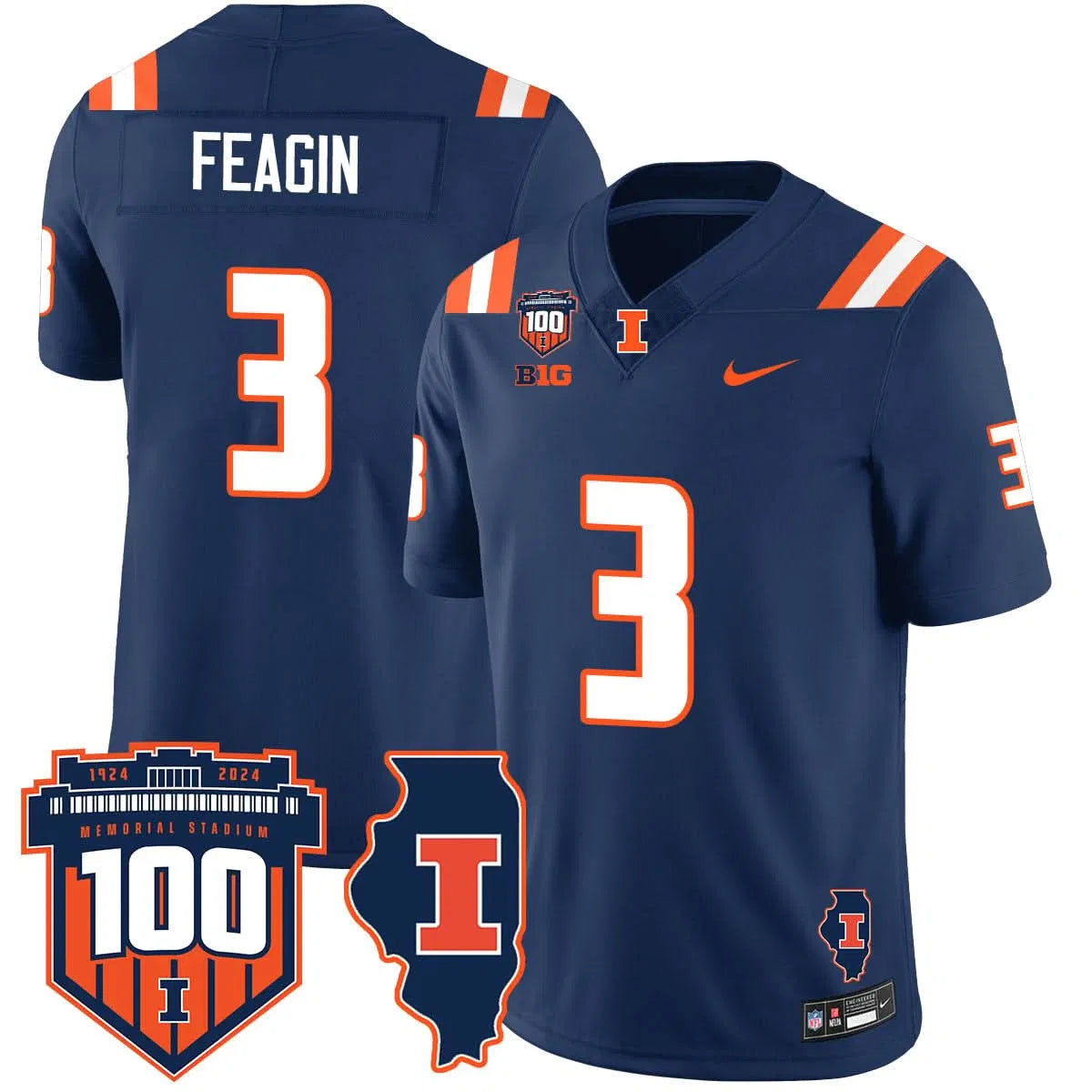 Personalized Illinois Football Vapor Jersey - Navy / Kaden Feagin - 3 Stitched