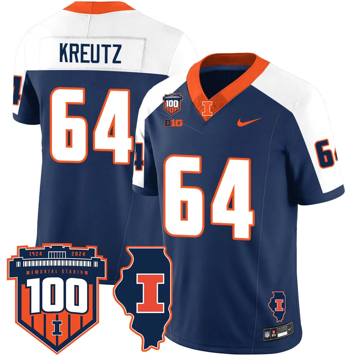 Personalized Illinois Football Vapor Jersey - Navy Alternate / Josh Kreutz - 64 Stitched