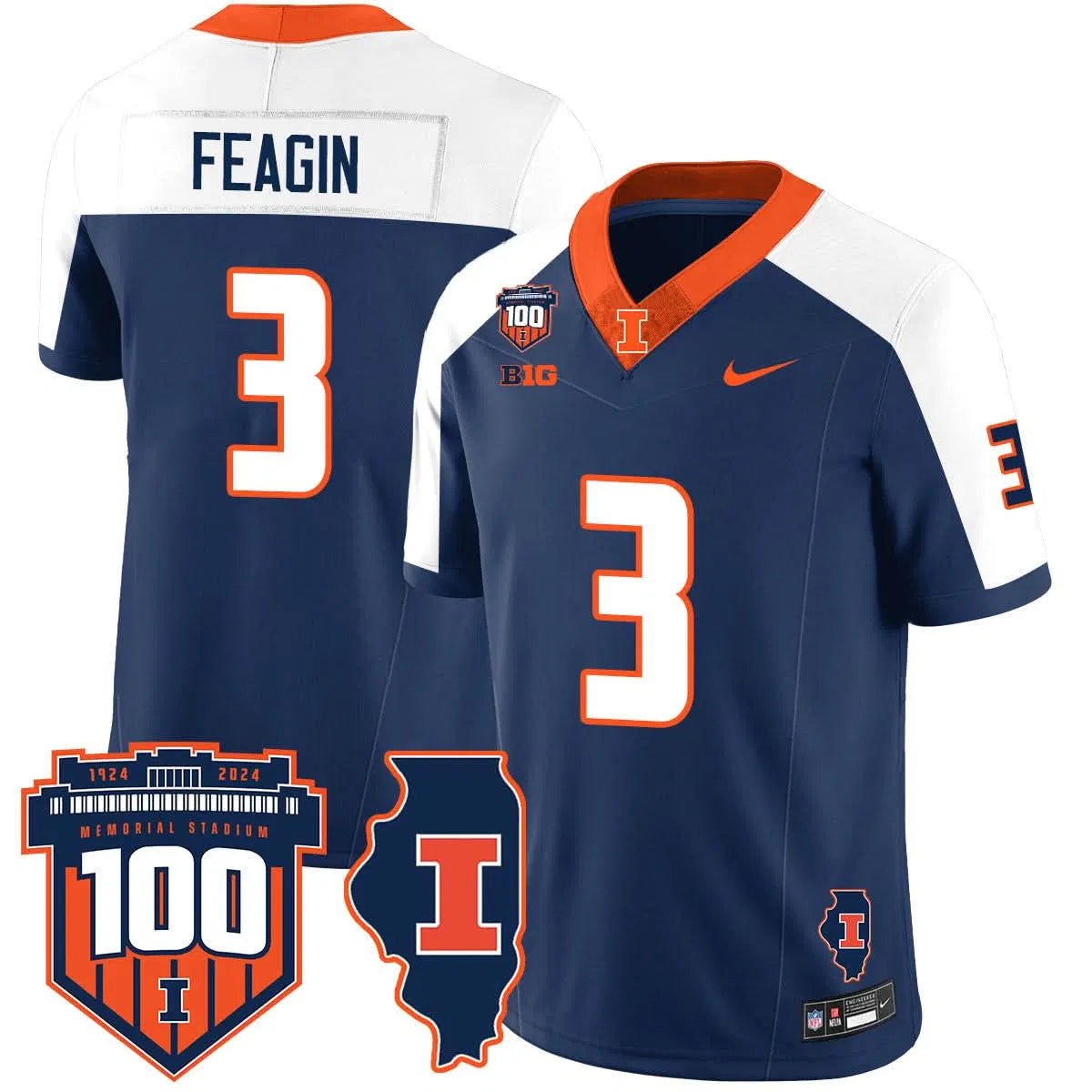 Personalized Illinois Football Vapor Jersey - Navy Alternate / Kaden Feagin - 3 Stitched