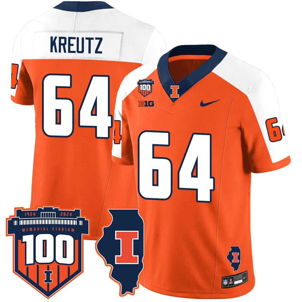 Personalized Illinois Football Vapor Jersey - Orange Alternate / Josh Kreutz - 64 Stitched