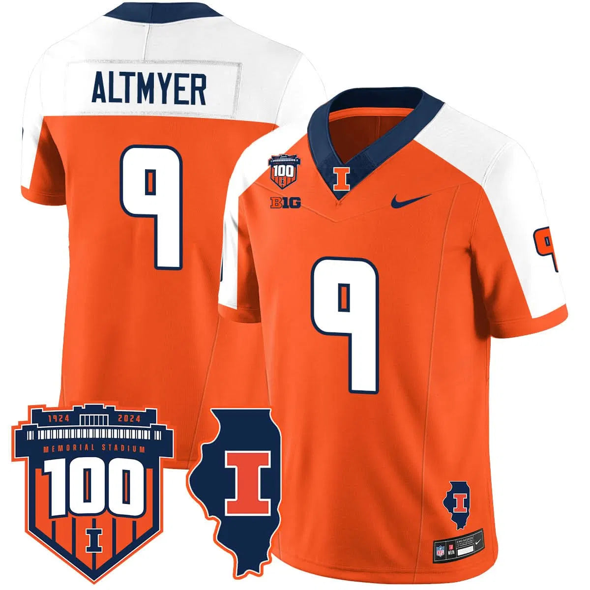 Personalized Illinois Football Vapor Jersey - Orange Alternate / Luke Altmyer - 9 Stitched