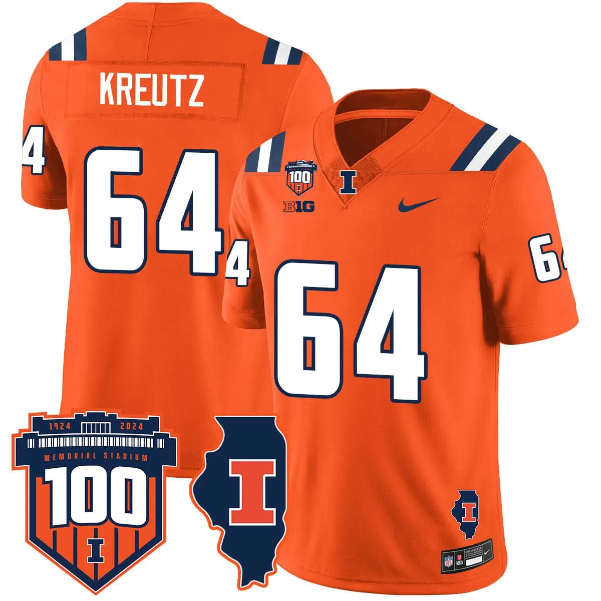 Personalized Illinois Football Vapor Jersey - Orange / Josh Kreutz - 64 Stitched