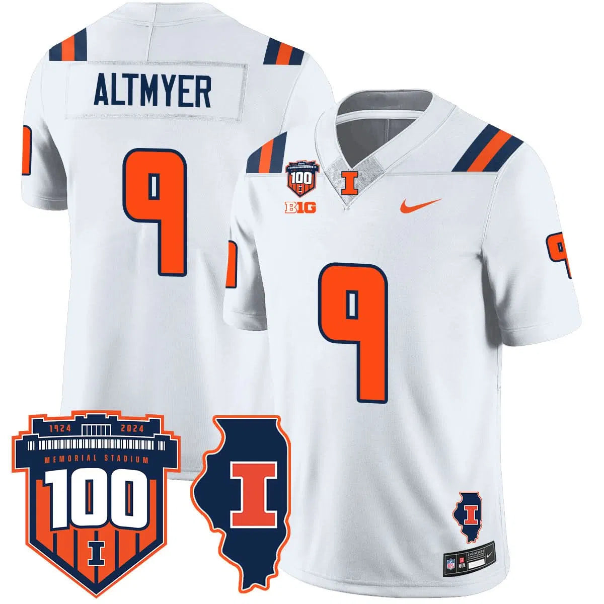 Personalized Illinois Football Vapor Jersey - White / Luke Altmyer - 9 Stitched