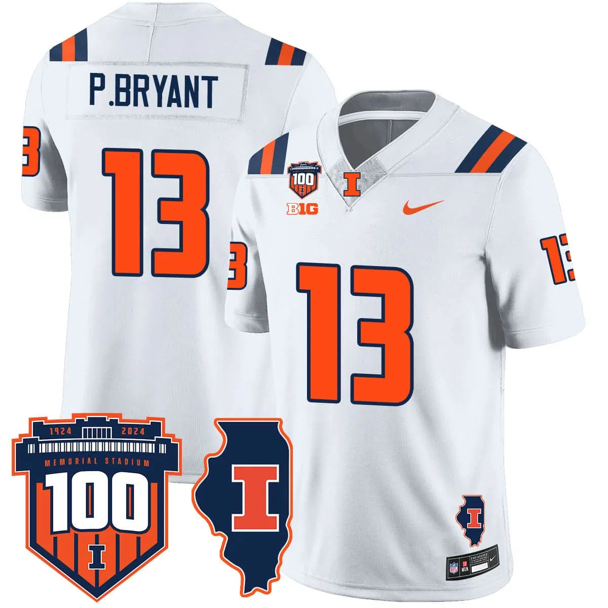 Personalized Illinois Football Vapor Jersey - White / Pat Bryant (P.Bryant - 13) Stitched