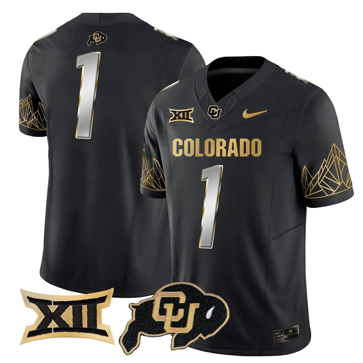Personalized CB Big 12 XII Patch Gold Vapor Limited Jersey - Black Limited / #1 Team Stitched