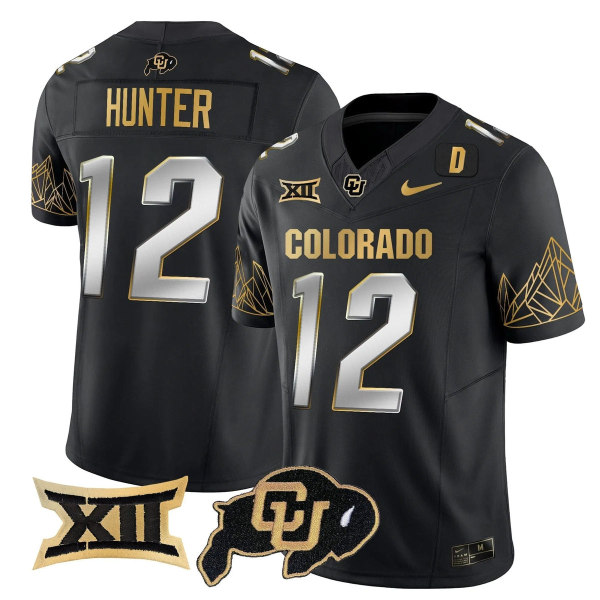 Personalized CB Big 12 XII Patch Gold Vapor Limited Jersey - Black Limited / Travis Hunter Stitched