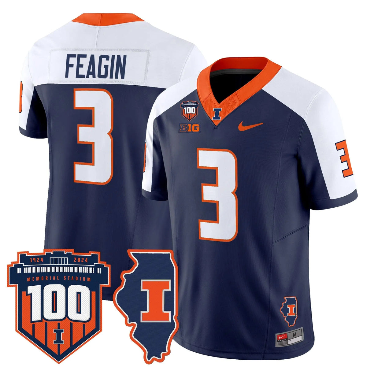 Personalized ILL 100th Memorial Stadium Patch Vapor Limited Jersey - Navy Alternate / Kaden Feagin Stitched