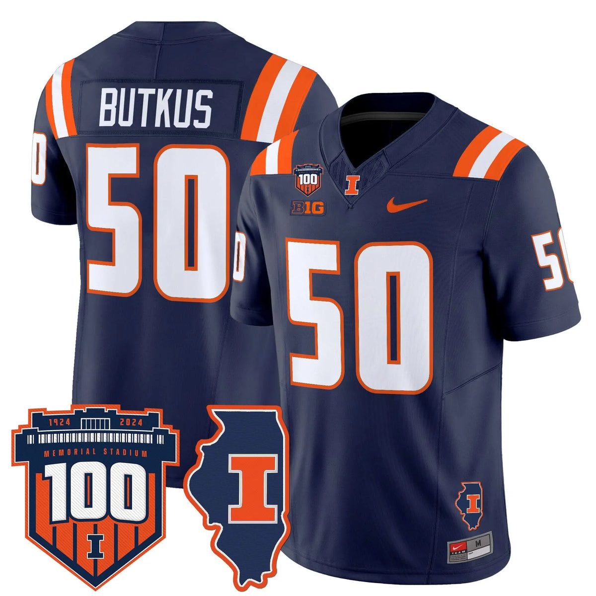 Personalized ILL 100th Memorial Stadium Patch Vapor Limited Jersey - Navy / Dick Butkus Stitched